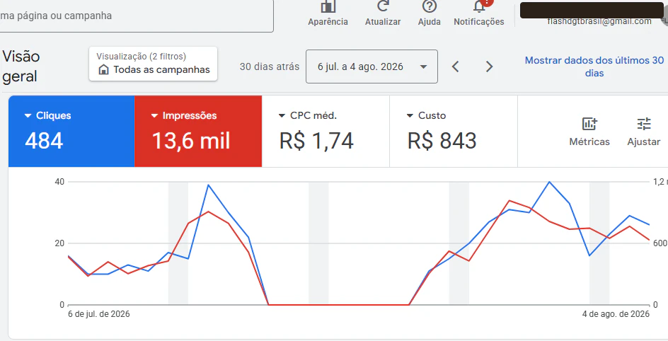 Visão geral do Google Ads com 484 cliques, 13,6 mil impressões, CPC médio de R$ 1,74 e custo de R$ 843.