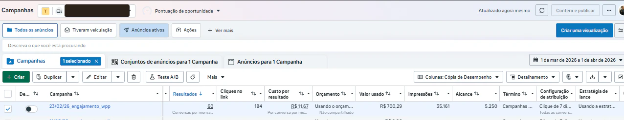 Gerenciador da Meta mostrando a campanha de engajamento no WhatsApp com 60 conversas e 184 cliques no link. Nome da conta tarjado.