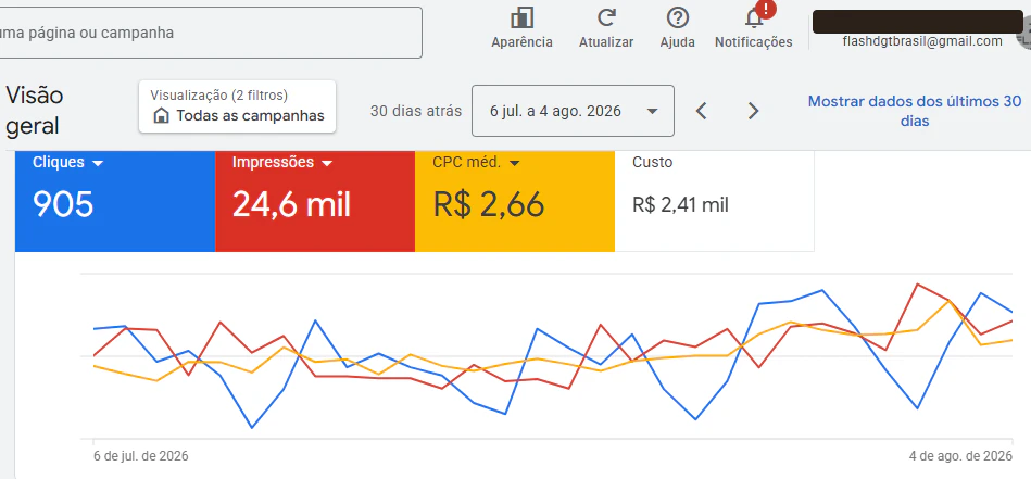 Painel de visão geral do Google Ads exibindo 905 cliques, 24,6 mil impressões e CPC médio de R$ 2,66 nos últimos 30 dias.